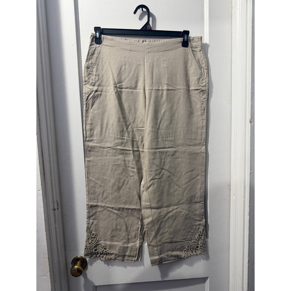 New Directions Beige Linen Blend Cropped Pants Lace Trim Hem Womens Medium
